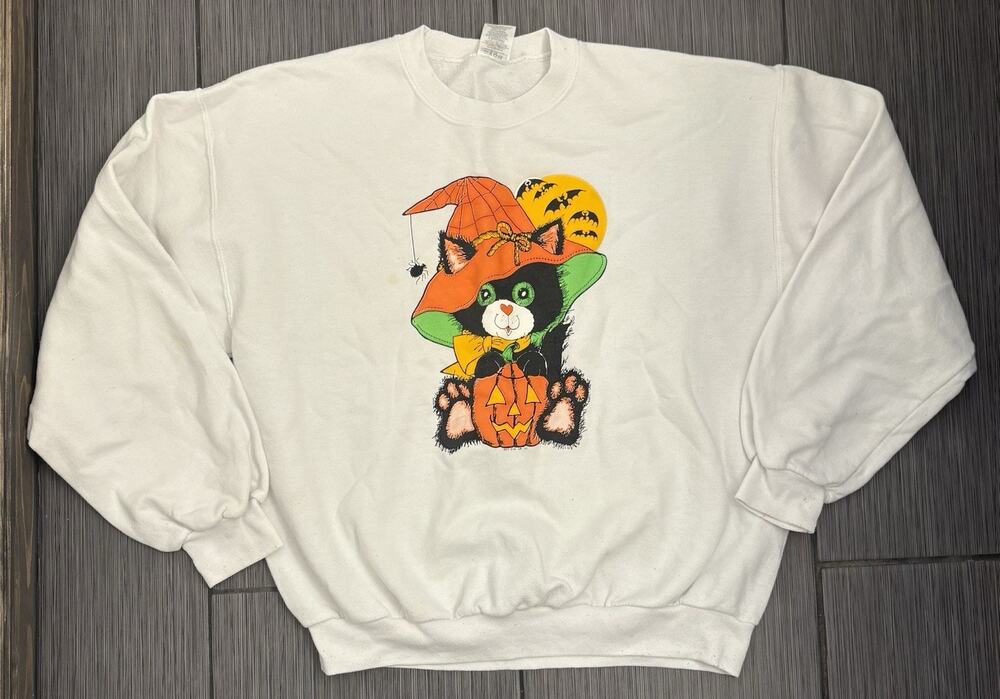 Vintage Cat Halloween Crew Neck Sweatshirt Women’s Large White Fun - Picture 1 of 6